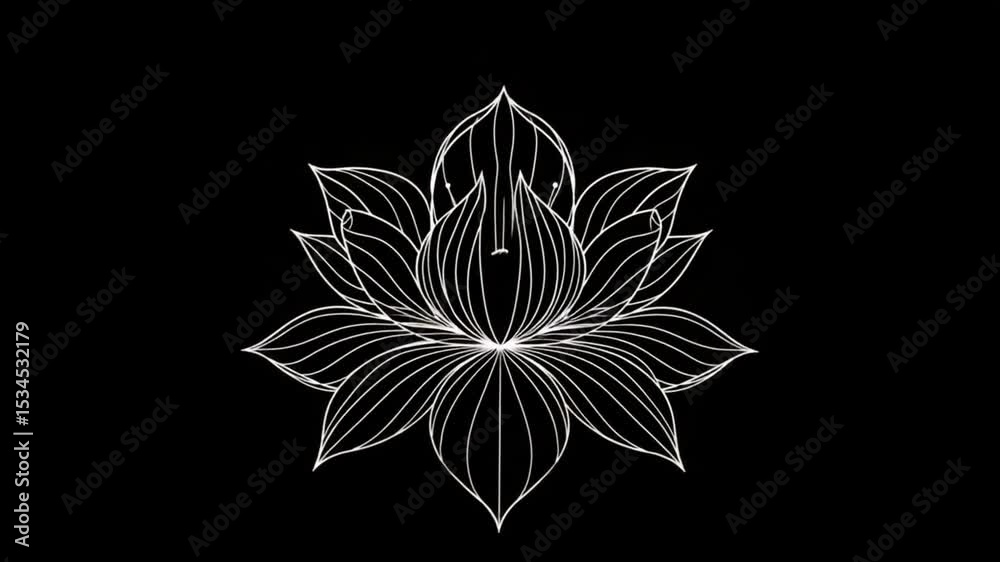 Elegant white lotus flower blossom with unfolding petals on a black background
