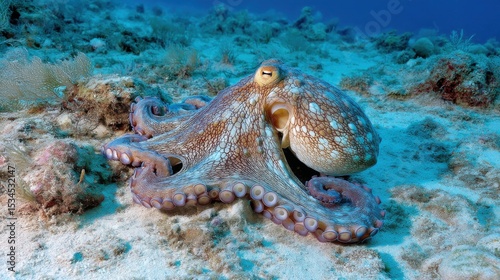 Octopus camouflaging on the ocean floor, blending with sand and coral, detailed skin texture, captured during color change