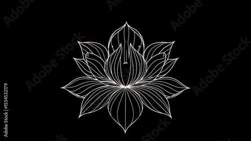 Elegant white lotus flower blossom with unfolding petals on a black background