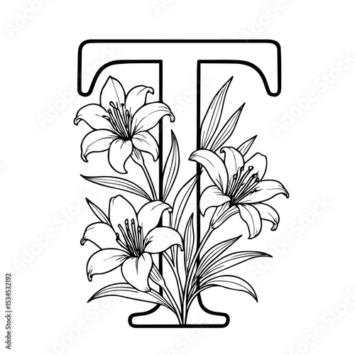 Floral Alphabet Letter 'T' Line Art - Elegant Monogram with Spring Flowers (Coloring Book Style)