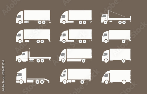 Twelve white truck icons set various types delivery transportation