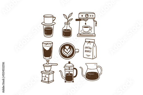 Coffee Set Icons – Hand-Drawn Coffee Equipment Illustration