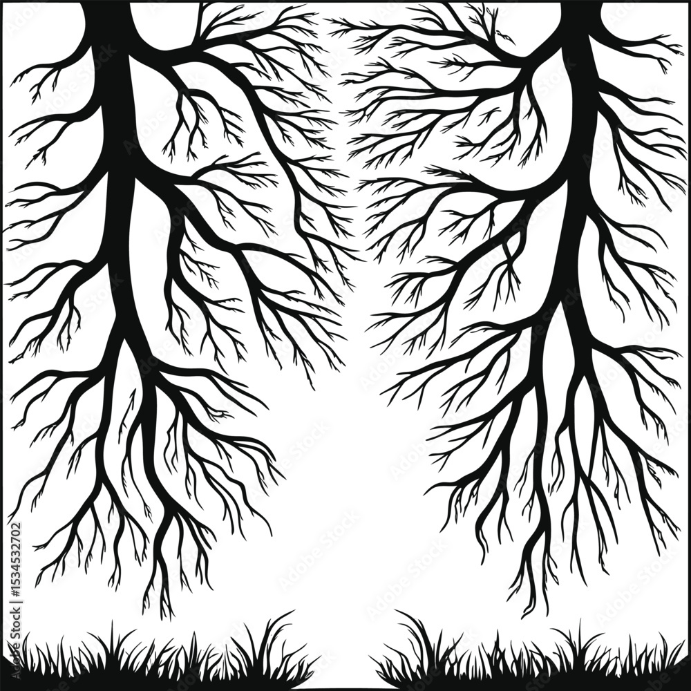 Obraz premium Black Silhouette Tree with Roots and Leaves – Symbolic Nature and Growth Vector Art