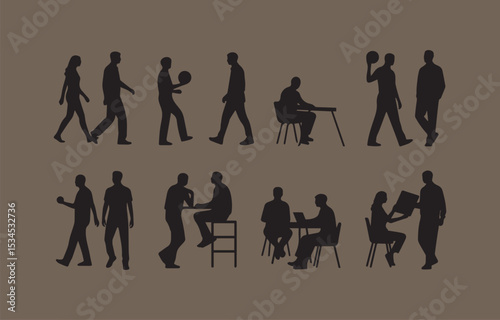 Collection of diverse silhouettes people in various activities walking talking working and playing