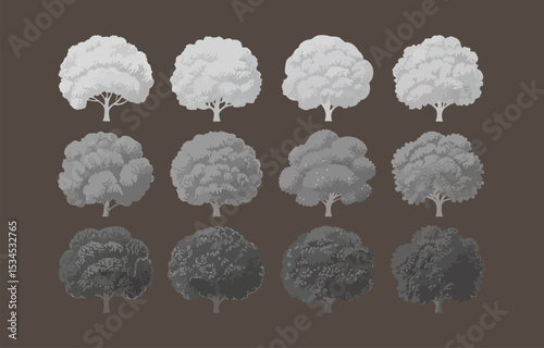 Twelve grayscale tree illustrations diverse shapes and sizes ideal for nature designs