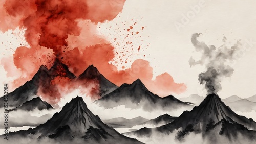 Illustration of Volcanic Eruption with Lava and Ash in Artistic Style, Artistic watercolor illustration of erupting volcanoes with dramatic lava splashes and ash clouds.
