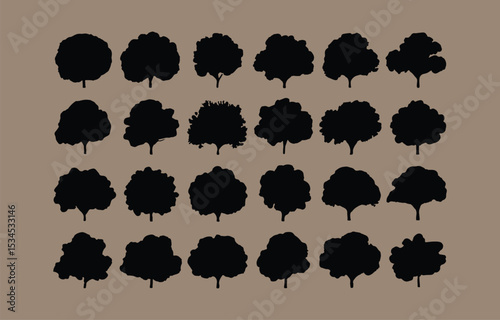 Collection of twenty four black silhouette trees on a neutral background ideal for design projects