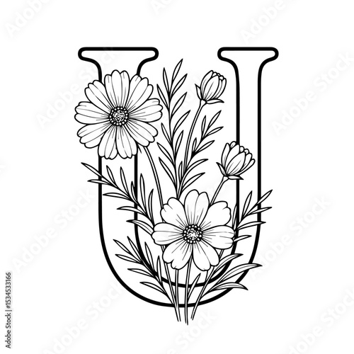 Floral Alphabet Letter 'U' Line Art - Elegant Monogram with Spring Flowers (Coloring Book Style)