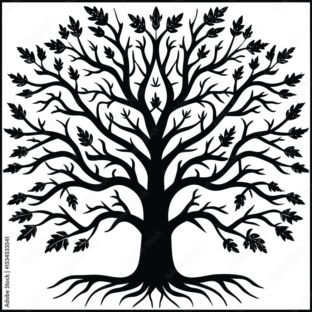 Obraz premium Black Silhouette Tree with Roots and Leaves – Symbolic Nature and Growth Vector Art