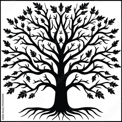 Black Silhouette Tree with Roots and Leaves – Symbolic Nature and Growth Vector Art