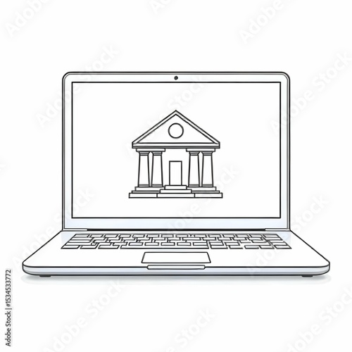 Single black and white vector icon of a laptop screen showing a bank building symbol, representing online banking, minimalist line art, no background