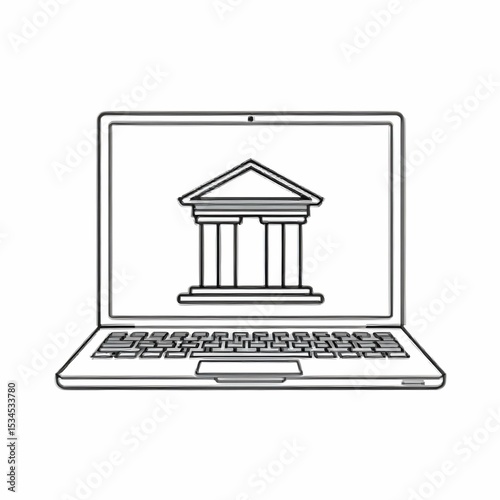 Single black and white vector icon of a laptop screen showing a bank building symbol, representing online banking, minimalist line art, no background