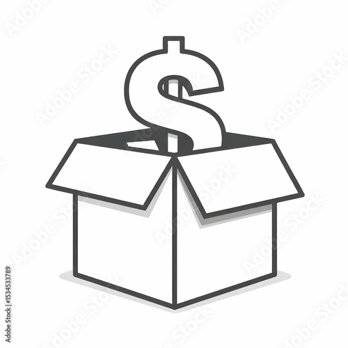 Single vector icon in black and white of a cardboard box with a dollar symbol above it, symbolizing physical assets, clean minimal line art, no background