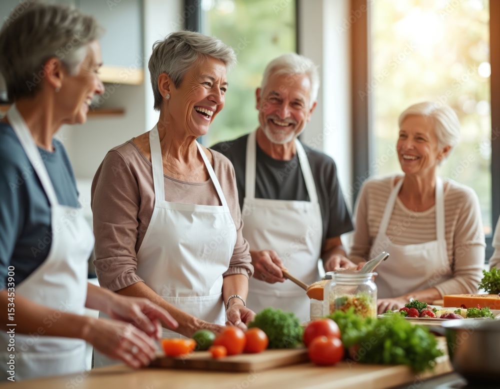Seniors enjoy healthy cooking class, laughing sharing stories in modern kitchen setting. They discuss nutrition, social interaction aspects of wellness programs, eating healthy, happy life. Seniors enjoy healthy cooking class, laughing sharing stories in modern kitchen setting. They discuss nutrition, social interaction aspects of wellness programs, eating healthy, happy life.