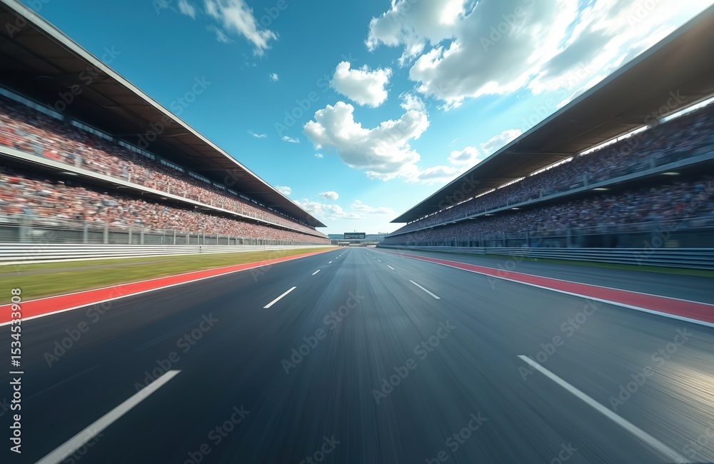 Obraz premium Race track with blurred motion of cars. Speed concept. Empty track. Competition at speedway. Racing event with audience. Motorsport championship. Racing track with empty seats for audience during