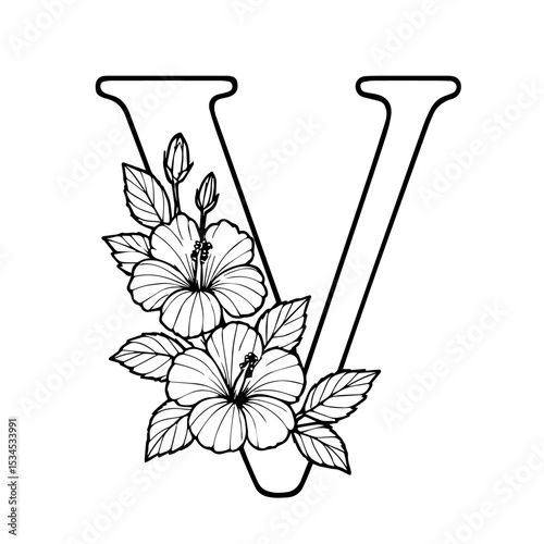 Floral Alphabet Letter 'V' Line Art - Elegant Monogram with Spring Flowers (Coloring Book Style)