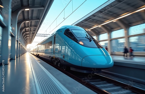 High-speed blue train enters modern futuristic station. Symbol of rail transport infrastructure, journey, railway travel, urban life, passenger transport. Represents tech, innovation, public
