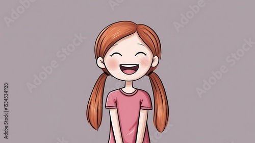 Extremely Happy Cartoon Girl with Red Hair and Pigtails