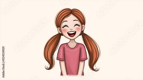 Cute Cartoon Smiling Girl with Pigtails