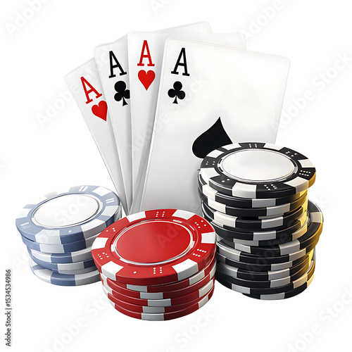 Four aces poker hand with casino chips isolated on transparent background