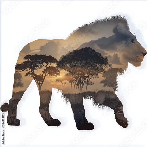 Double Exposure Illustration of Lion with African Sunset Savanna