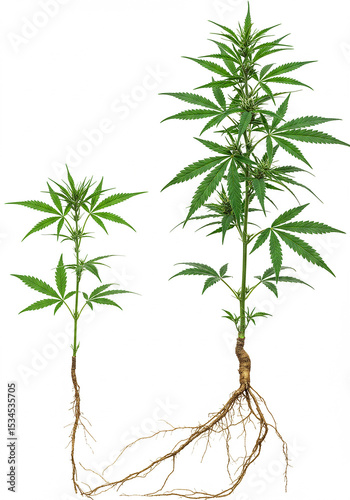 Cannabis plant with roots isolated on white