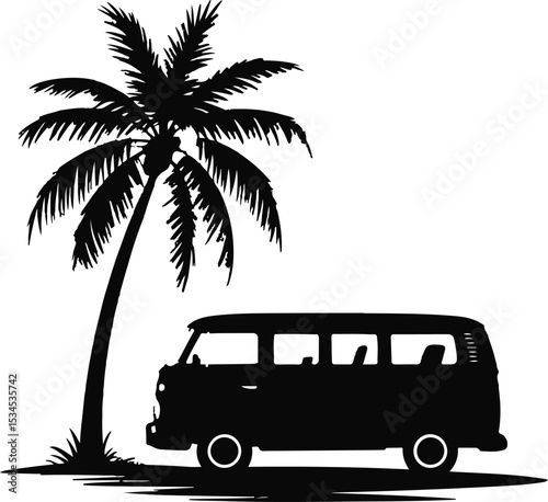 Silhouette of a palm tree and vintage camper van on a beach representing summer travel and adventure