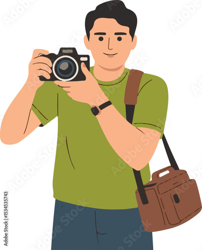 Illustrated male photographer holding a camera capturing an image with a shoulder bag in a modern graphic style