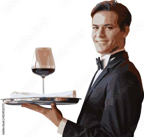 Smiling waiter in a tuxedo serving a glass of red wine on a silver tray isolated on white background