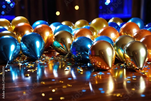 Festive celebrations with metallic balloons (gold dominant, blue and orange accents), confetti on glossy wood. Rich bokeh party atmosphere.