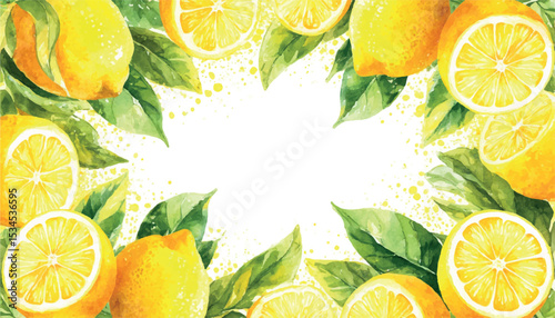 Yellow watercolor lemons frame banner background.Flyer,leaflet,advertising card.Summer illustration.Wallpaper.Decoration element isolate on white.Place for text..eps