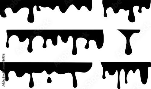 Black melting paint. Dripping splatter and dribble brush strokes with stain and leak, dirty fluid brush icons. Vector isolated set.