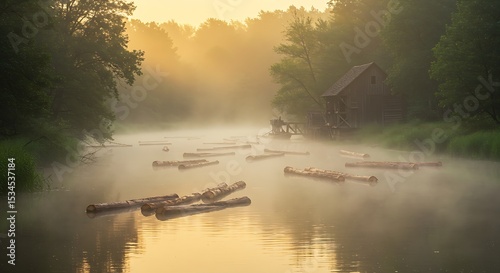A serene river at dawn, shrouded in golden mist, features logs gently floating downstream towards an old wooden building, evoking an authentic lifestyle and the timeless practice of timber transportat