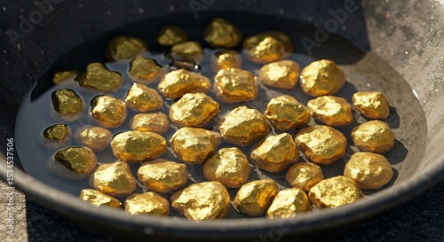A creative concept of wealth and raw beauty, this close-up on gold nuggets in a pan of water emphasizes the unique texture and form of natural gold, often associated with a adventurous lifestyle.