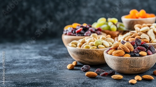 Fototapeta Naklejka Na Ścianę i Meble -  Assorted nuts and dried fruits in bowls