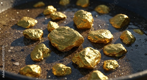 A close-up of a panning basin filled with lustrous gold nuggets and flakes submerged in water vividly captures the allure of the gold rush and the timeless pursuit of precious metals.