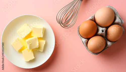 Holder with raw chicken eggs, butter and whisk on color background