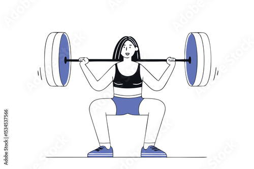 Vector illustration of woman squatting with barbell, fitness center scene showing proper weightlifting technique and exercise form