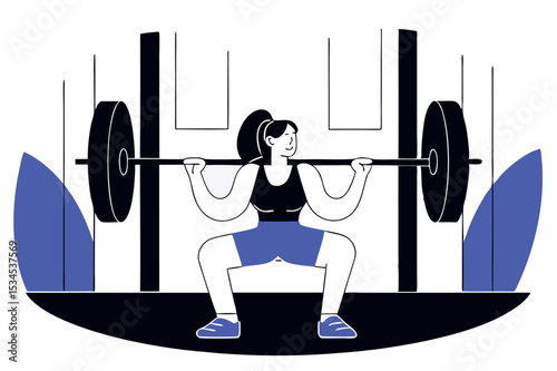 Gym workout vector illustration, female athlete doing barbell squat with correct posture, weight training and fitness concept