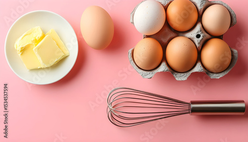 Holder with raw chicken eggs, butter and whisk on color background