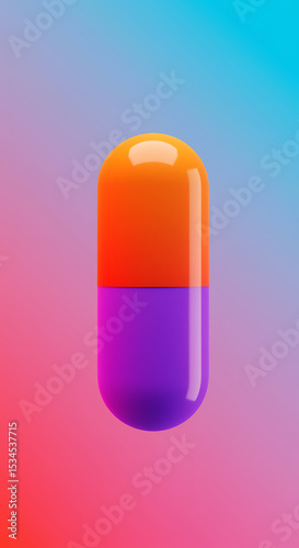 Vibrant orange and purple capsule pill against a gradient background for healthcare concepts