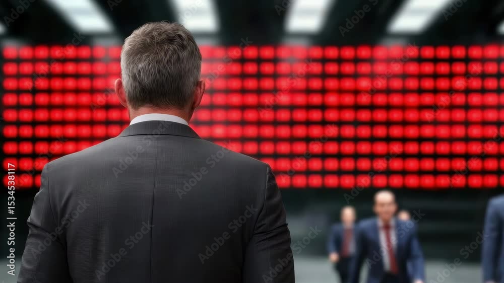 Red alarm lights flashing on a digital stock board showing a market crash, A businessman standing in front of a digital display, Red alarm lights flashing on a digital stock board showing a market crash, A businessman standing in front of a digital display,