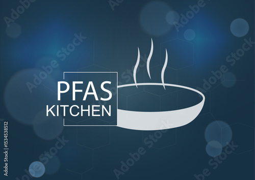 PFAS kitchen contamination concept with white cooking pan icon on blue digital background. Toxic chemical awareness campaigns. substances in cookware. PFAS concept. Vector illustration