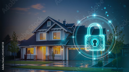 Illuminated house with glowing padlock overlay indicating security and protection at dusk time