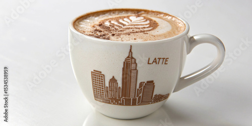 a photorealistic close-up shot of a latte in a white ceramic coffee mug on a clean white background with latte art showing a city skyline
