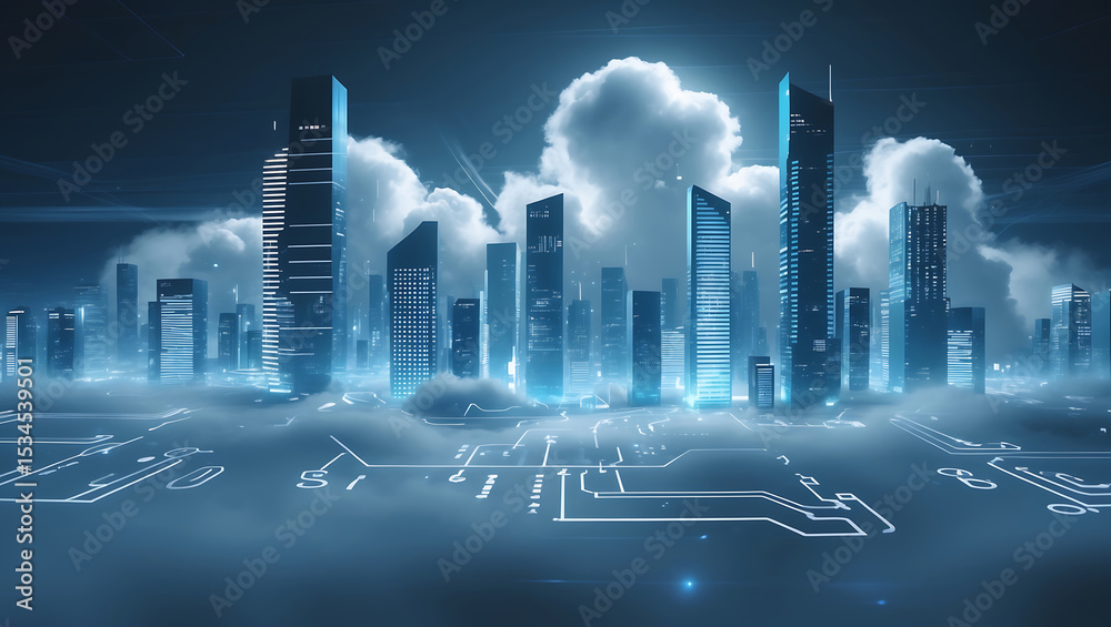 Fototapeta premium Futuristic cityscape depicted in a digital rendering with buildings and circuitry design