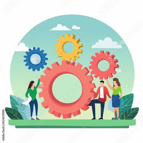 Work delegation, assign responsibility, collaboration task, teamwork efficiency or team productivity, process for manager to delegate work to employee, business teamwork delegate gear collaboration