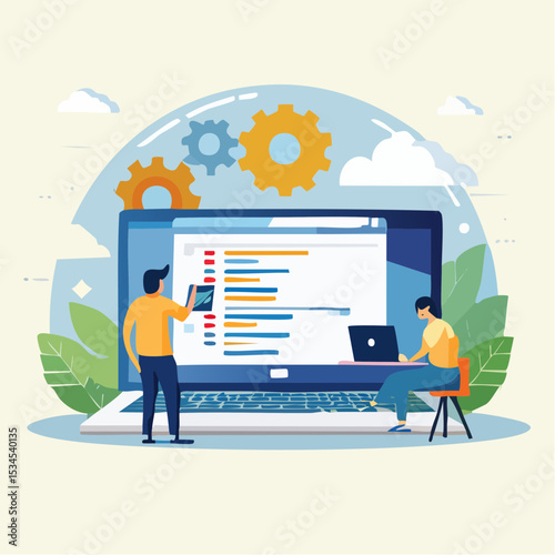 Software development, coding team, programming frontend backend framework, debugging algorithm, testing or deployment concept, young people software engineer working with online cloud computer lapto