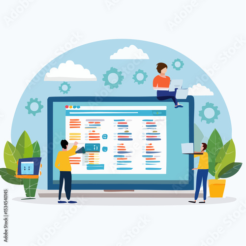 Software development, coding team, programming frontend backend framework, debugging algorithm, testing or deployment concept, young people software engineer working with online cloud computer lapto