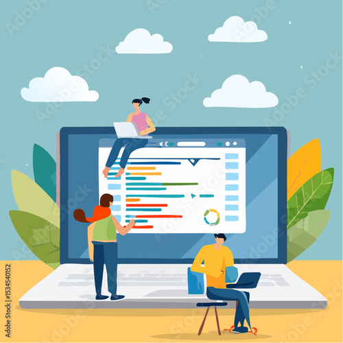 Software development, coding team, programming frontend backend framework, debugging algorithm, testing or deployment concept, young people software engineer working with online cloud computer lapto